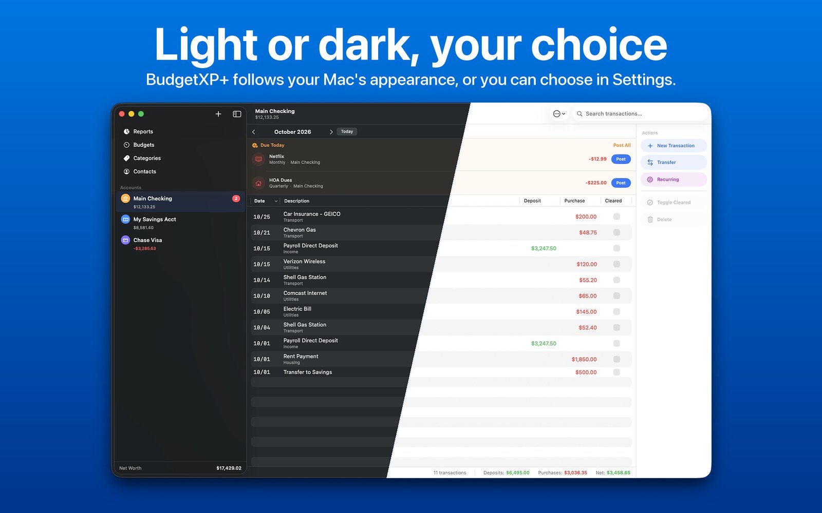 The same ledger split down the middle, half in dark mode and half in light mode. Light or dark, your choice.