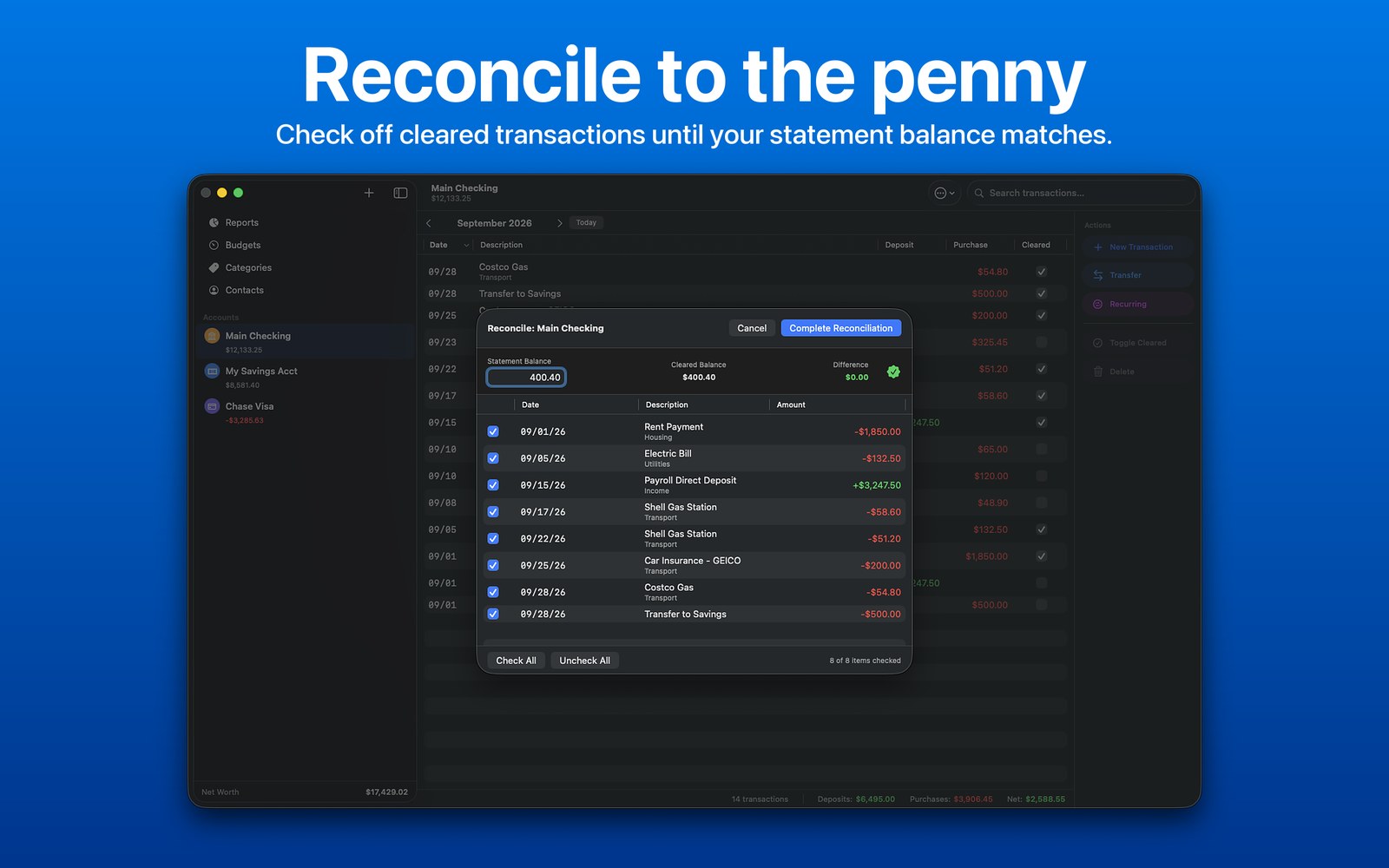 Reconciliation with a statement balance and a running difference of zero. Reconcile to the penny.