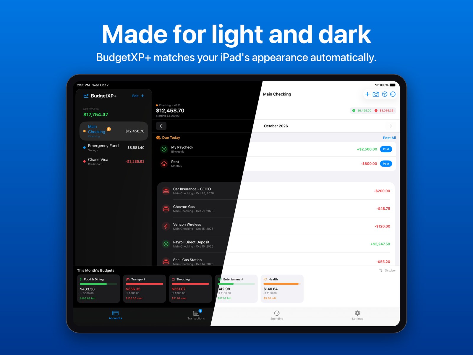 The iPad account screen split between dark mode and light mode. Made for light and dark.