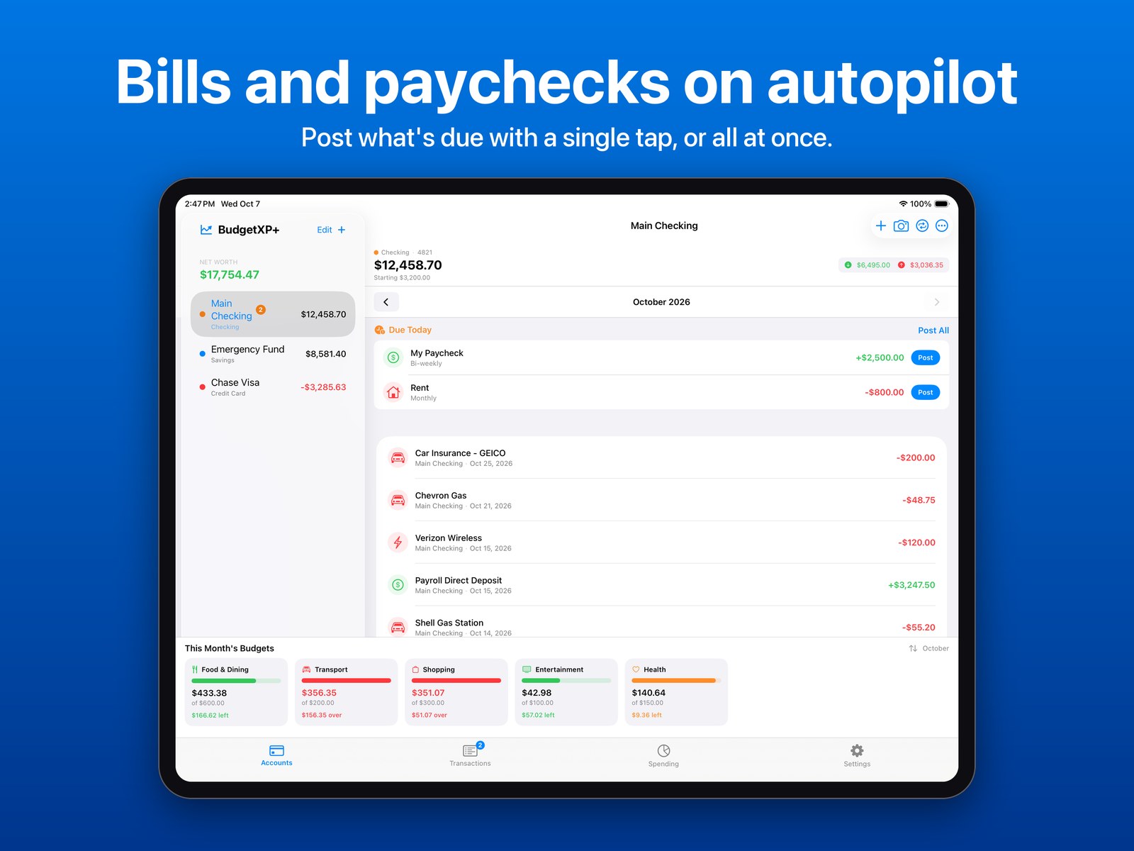 iPad sidebar badge showing two items due, and a Due Today card with Post buttons. Bills and paychecks on autopilot.