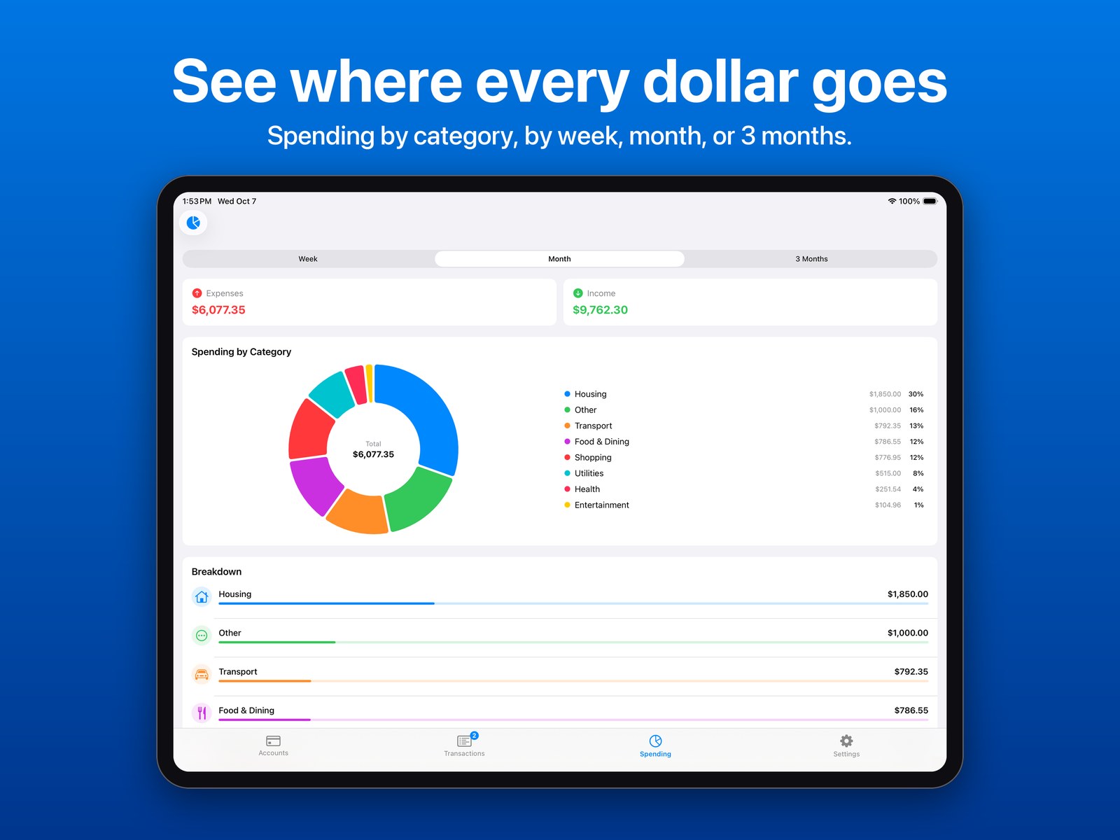 Spending by category on iPad with a donut chart and a ranked breakdown. See where every dollar goes.