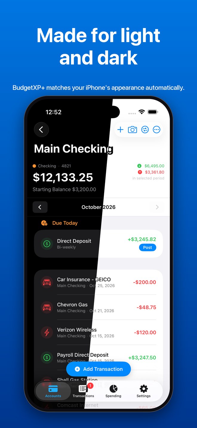 The same account screen split down the middle, half in dark mode and half in light mode. Made for light and dark.