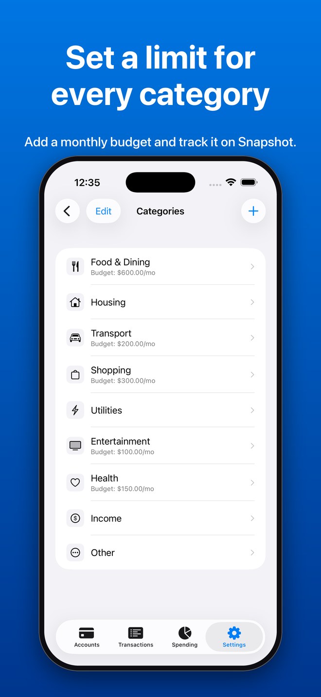 The edit screen for a category with a monthly budget limit. Set a limit for every category.