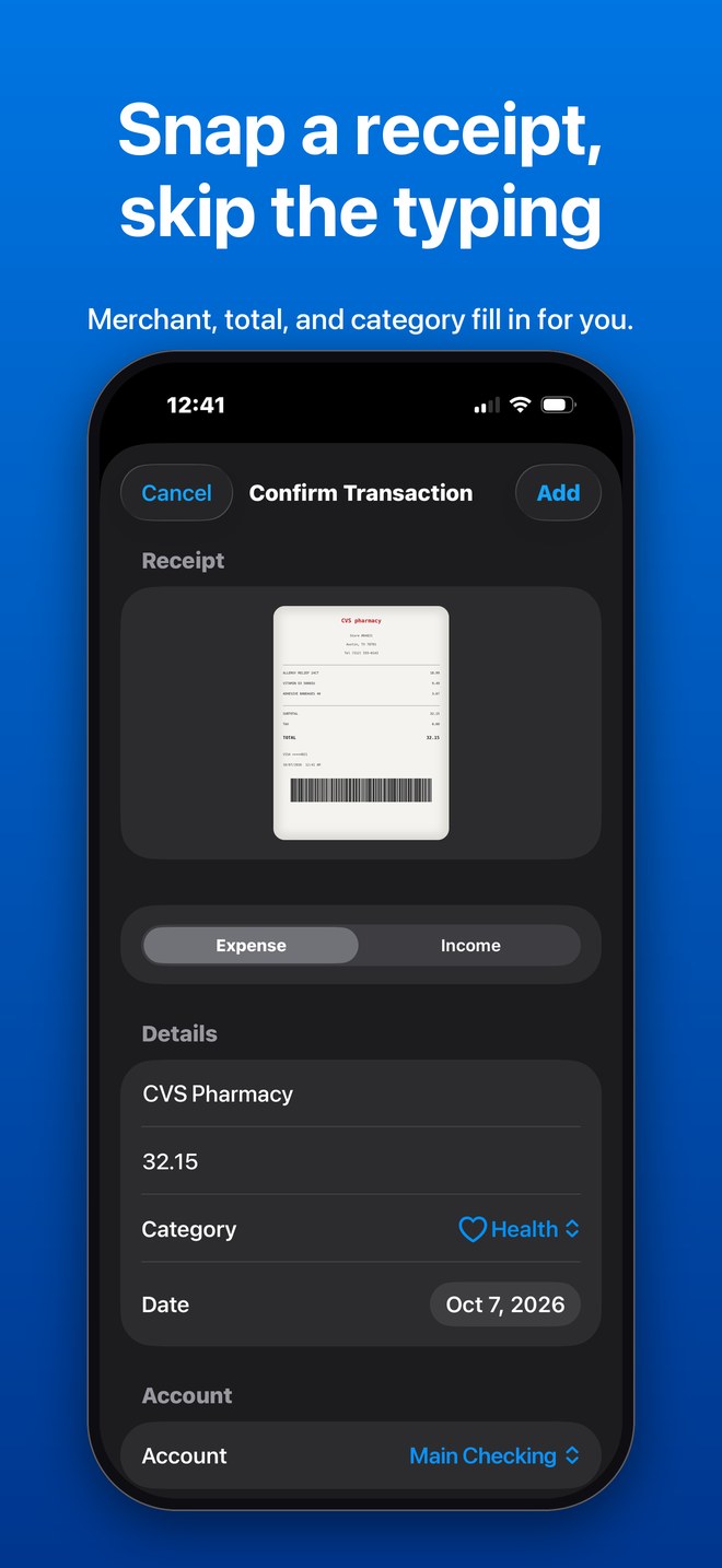 Confirming a transaction filled in from a photographed receipt. Snap a receipt, skip the typing.