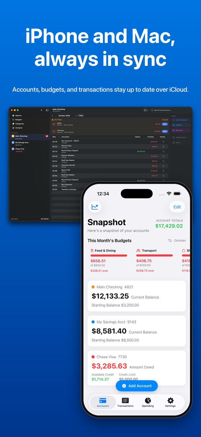 BudgetXP+ on iPhone beside BudgetXP+ Desktop on a Mac, showing the same accounts. iPhone and Mac, always in sync.