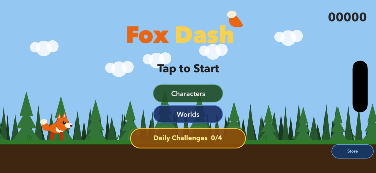Main menu with the fox character in the forest world