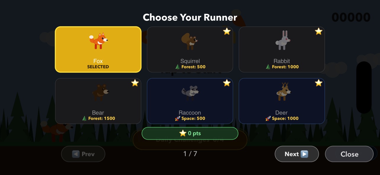 Character picker with the fox selected and other animals to unlock