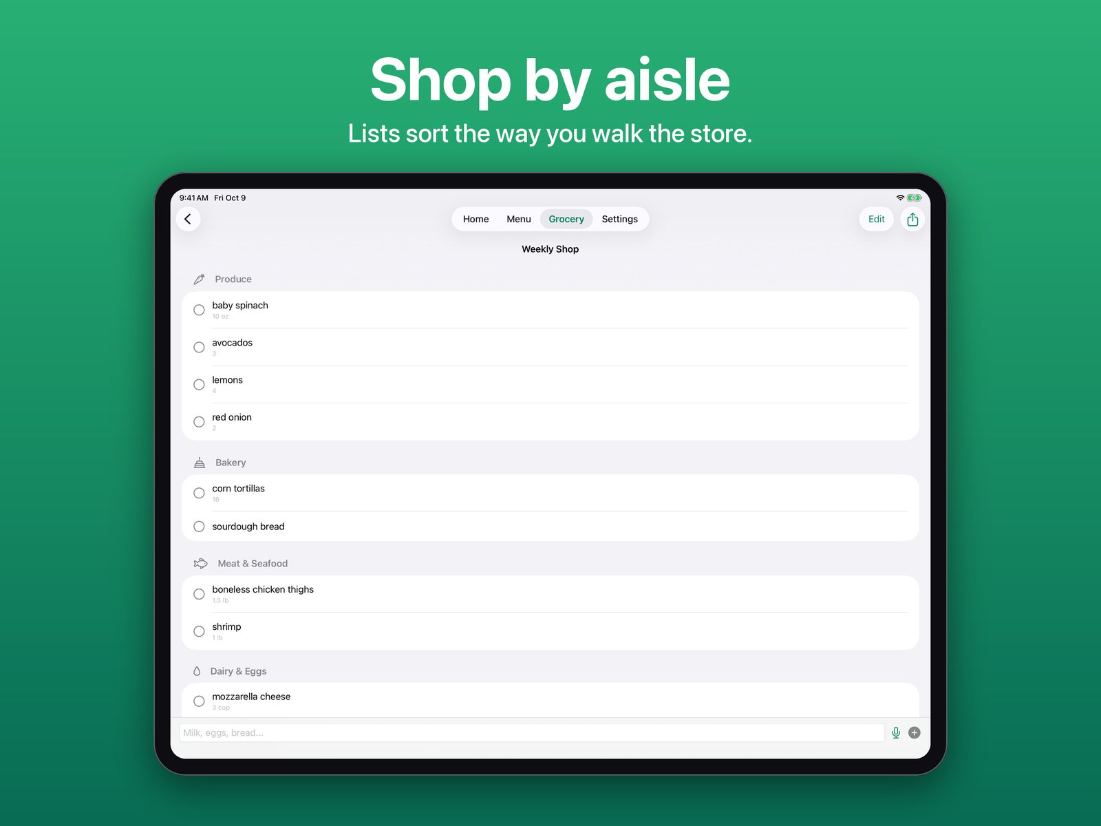 The grocery list on iPad grouped by aisle. Shop by aisle.