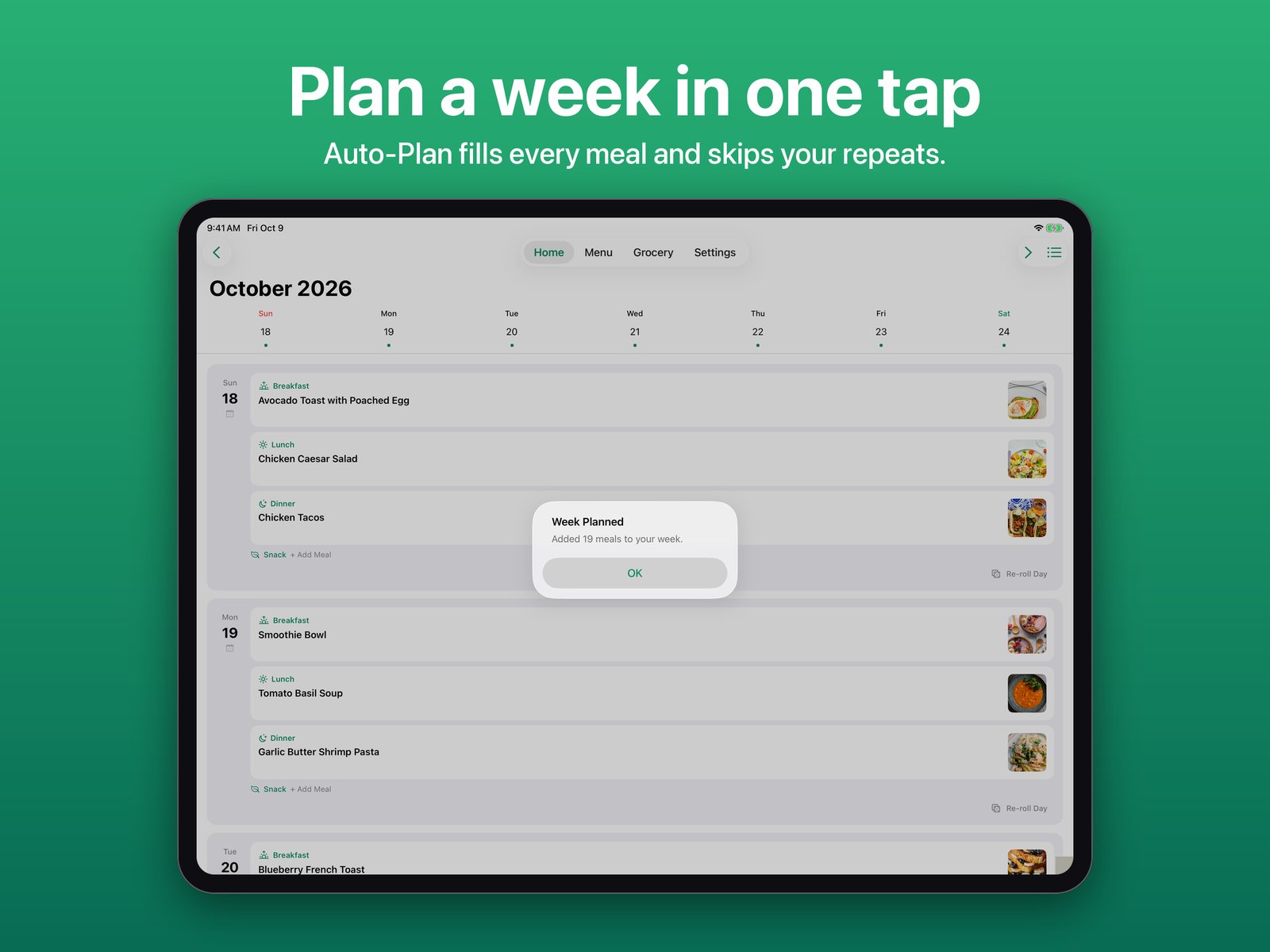 Auto-Plan on iPad with the Week Planned alert over a filled week with photos. Plan a week in one tap.