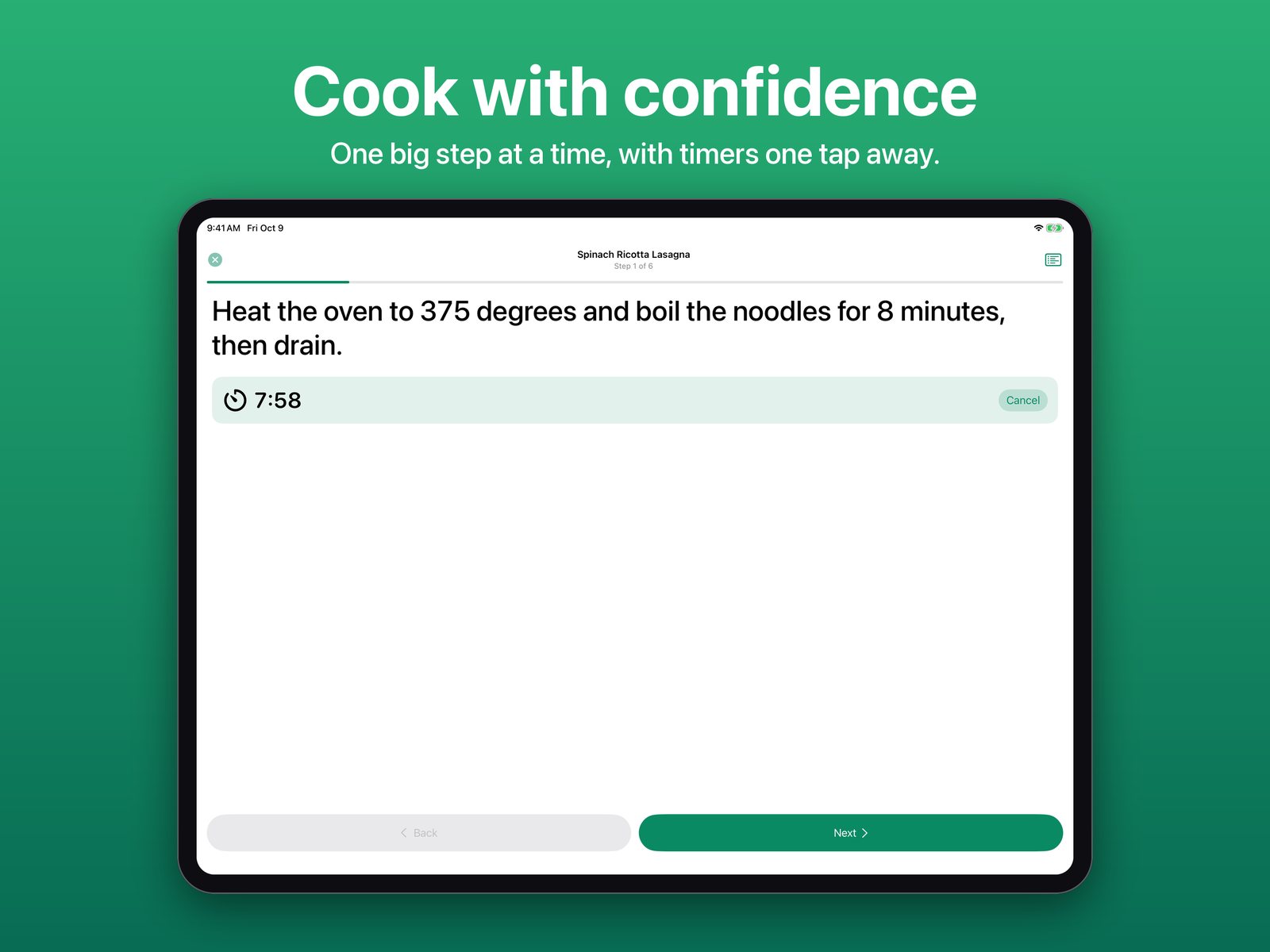 Cook Mode on iPad with a running timer and large step text. Cook with confidence.