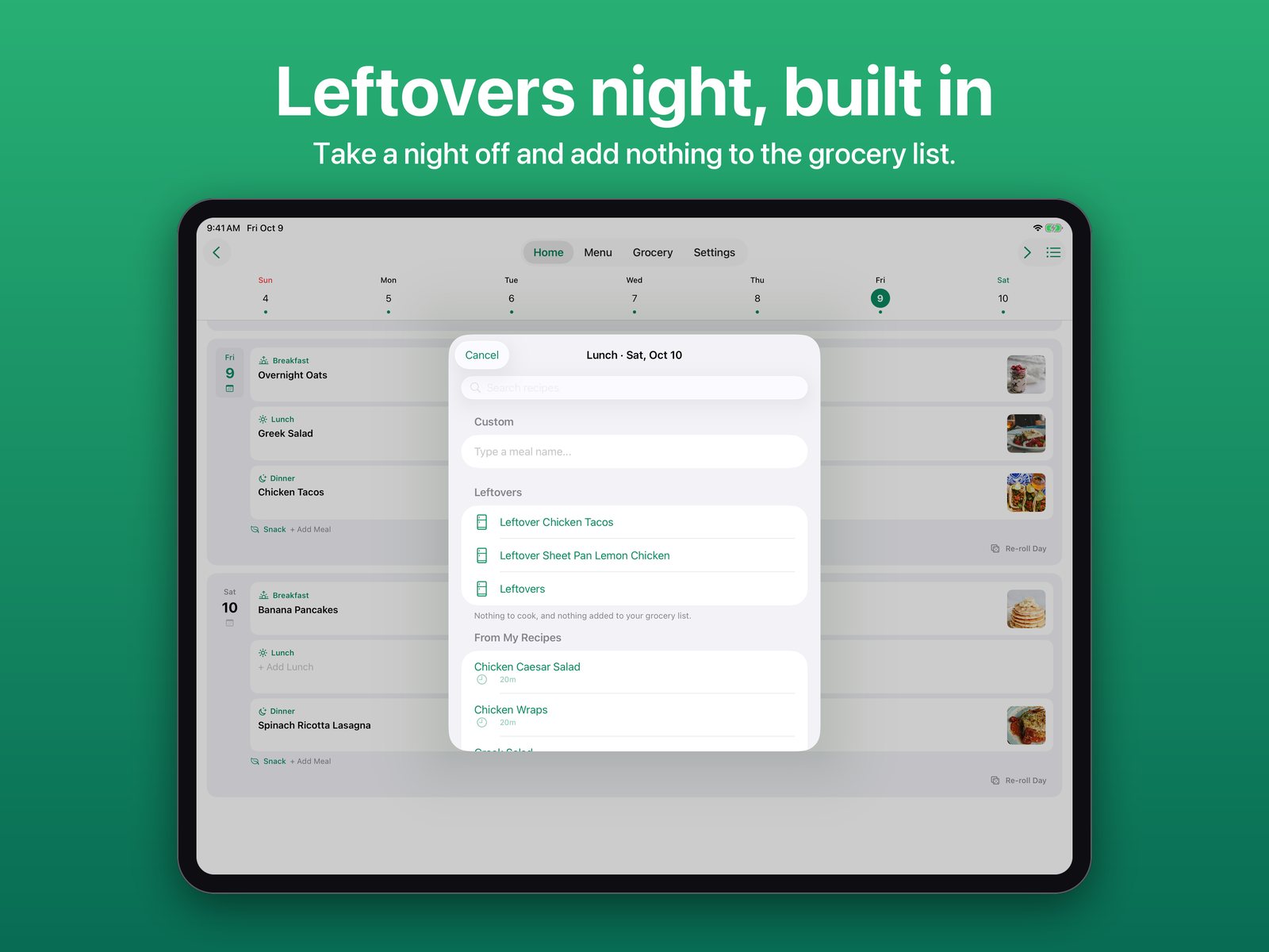 The meal picker on iPad with Leftovers options. Leftovers night, built in.