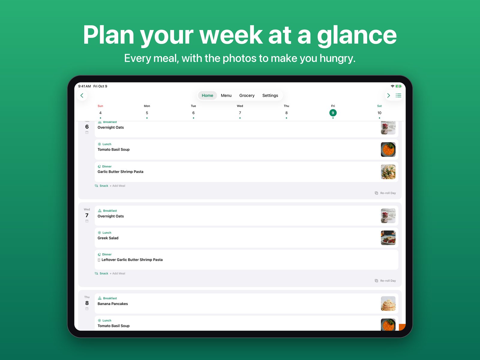 The iPad planner showing several days of meals with photos. Plan your week at a glance.