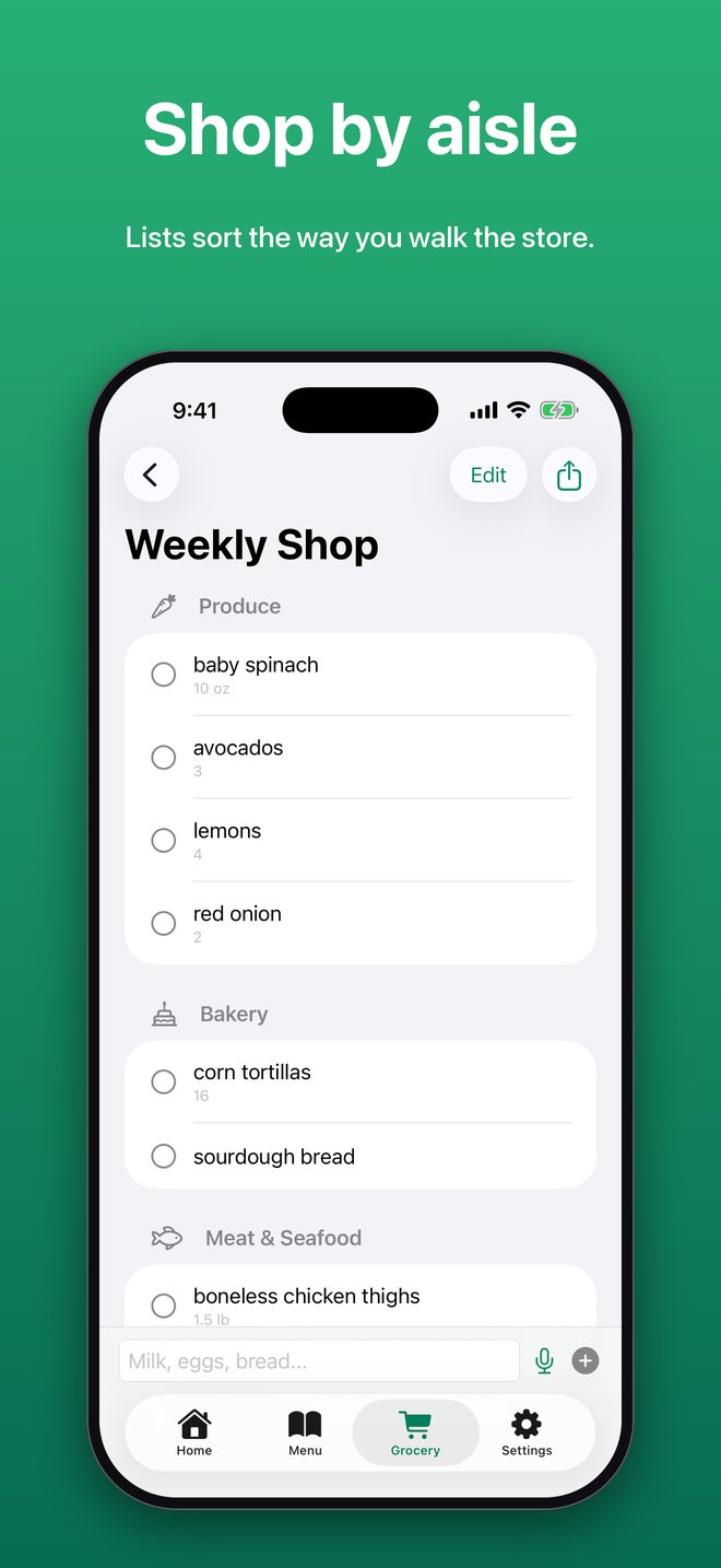 A grocery list grouped by aisle with Produce, Bakery, and Meat and Seafood sections. Shop by aisle.