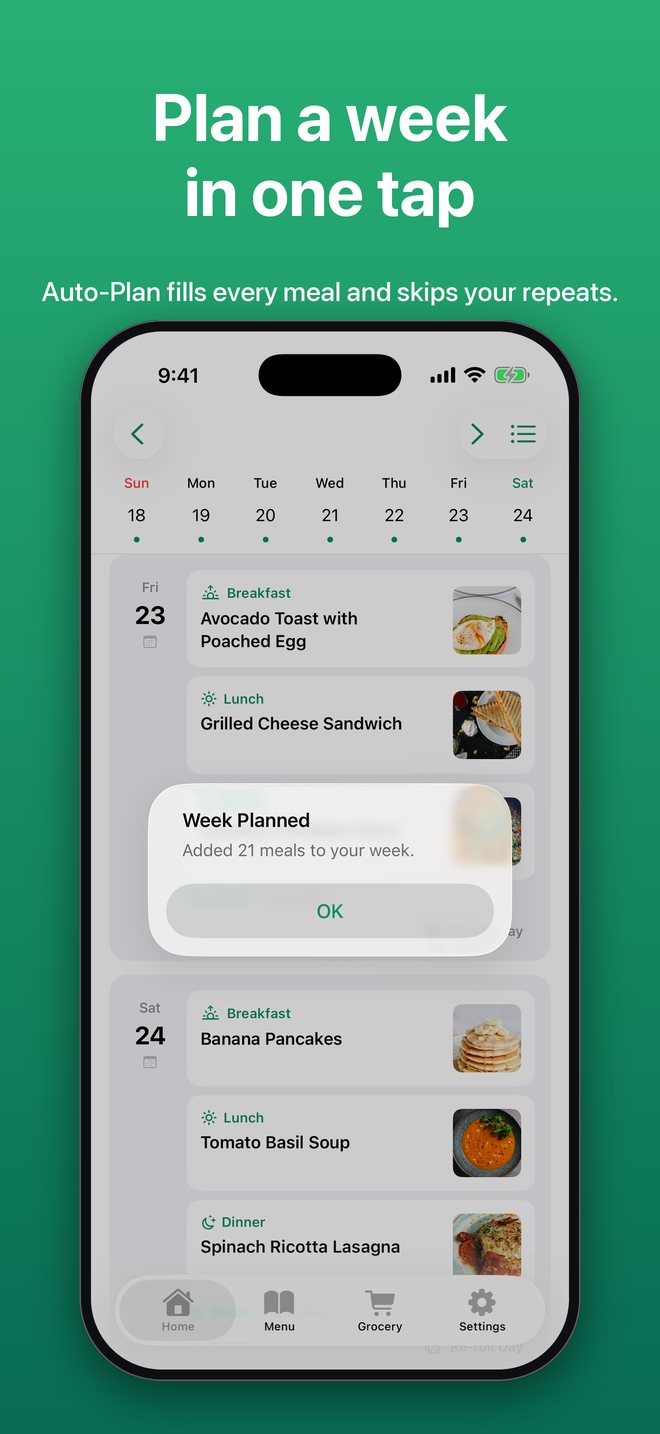 Week Planned alert over the weekly planner after Auto-Plan filled 21 meals. Plan a week in one tap.