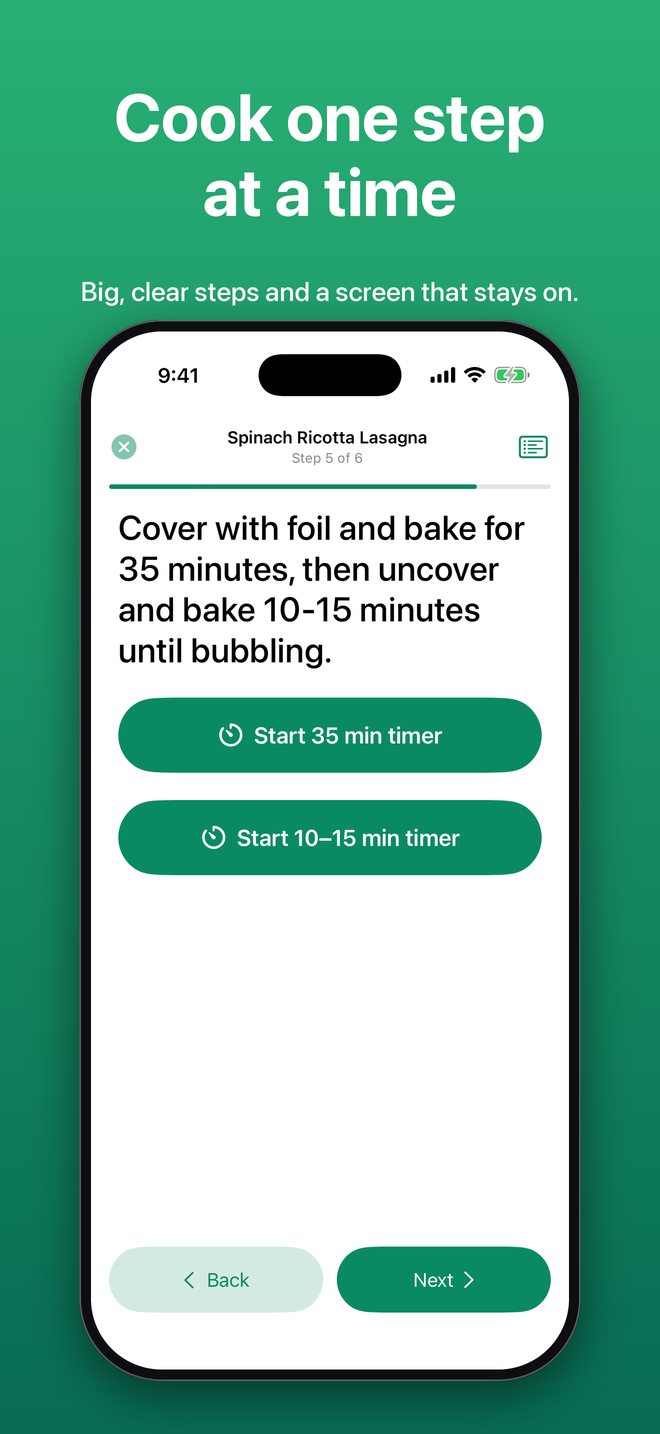 Cook Mode showing one recipe step in large type with a Start timer button. Cook one step at a time.