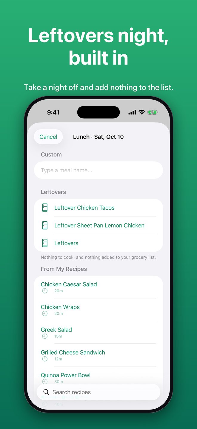 Choosing a meal slot with Leftovers options suggested from recent dinners. Leftovers night, built in.