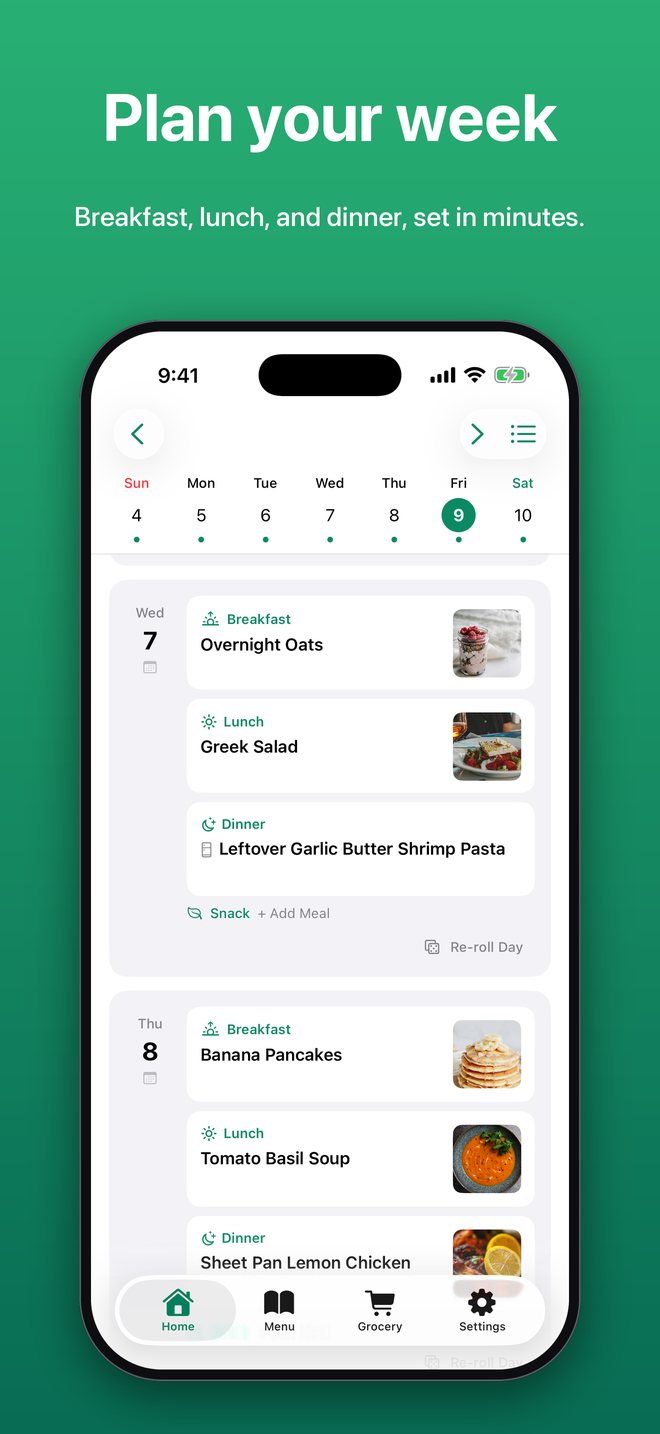 The weekly planner with a meal and photo for breakfast, lunch, and dinner each day, including a leftovers night. Plan your week.