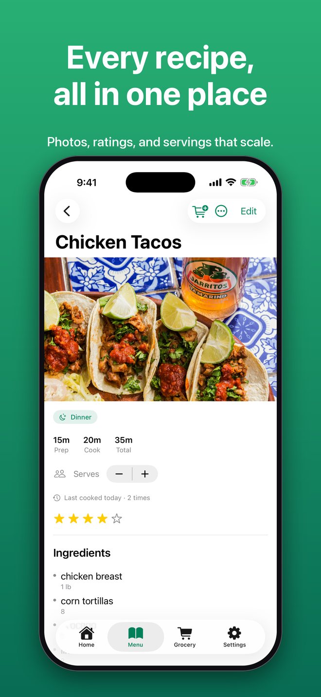 A recipe with a large photo, prep and cook times, servings, rating, and ingredients. Every recipe, all in one place.