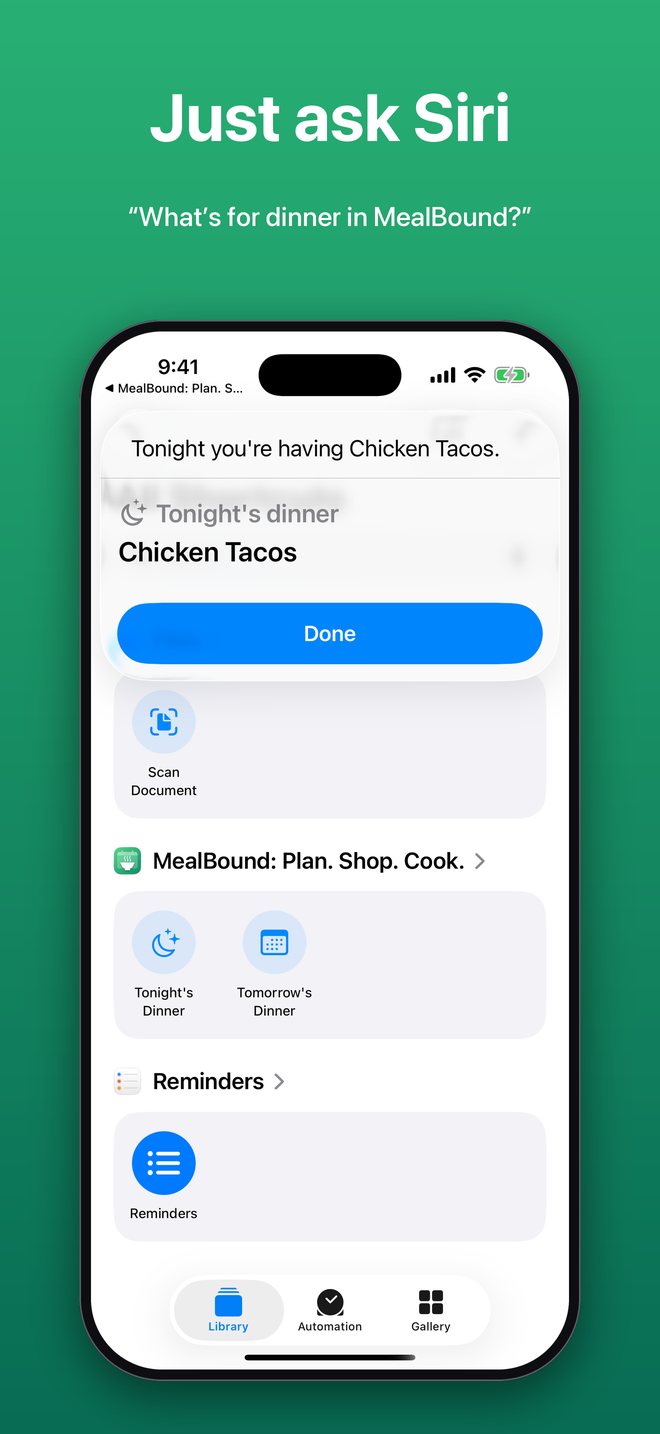 Siri showing the answer Tonight you're having Chicken Tacos. Just ask Siri.