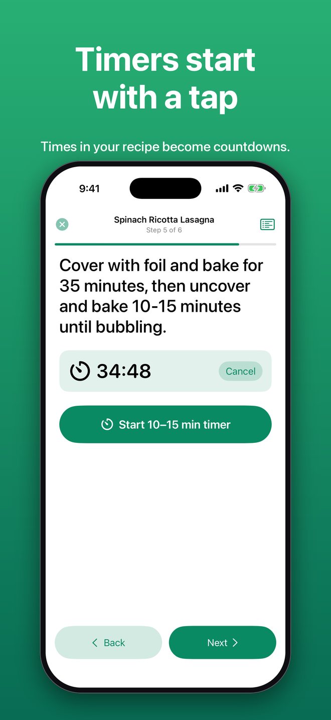 Cook Mode with a running 34:51 countdown timer and a second timer ready to start. Timers start with a tap.