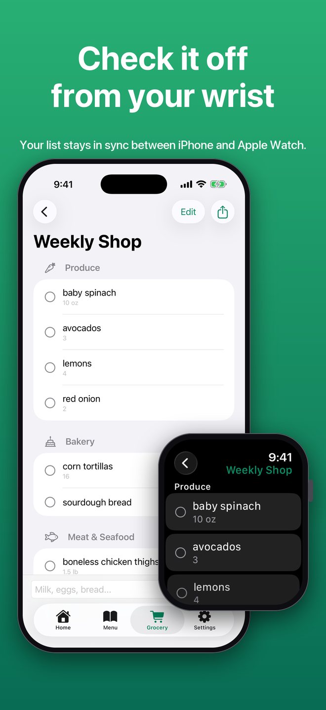 A grocery list on iPhone with the same list open on Apple Watch. Check it off from your wrist.
