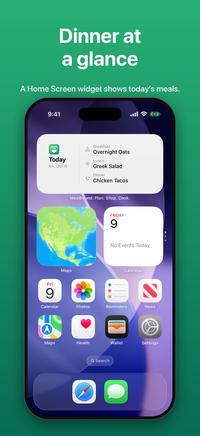 The MealBound Home Screen widget showing today's breakfast, lunch, and dinner. Dinner at a glance.
