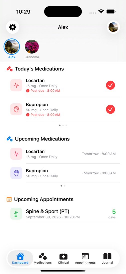 Dashboard with today's medications and upcoming appointments