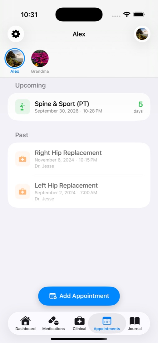 Appointments list with an upcoming physical therapy visit