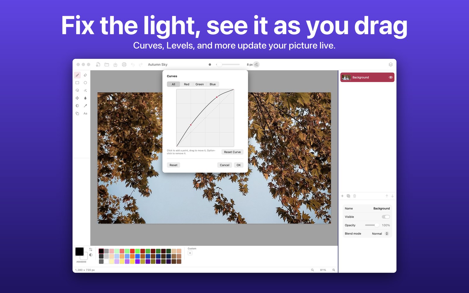 The Curves dialog open over an autumn sky, with the picture updating as you drag. Fix the light, see it as you drag.