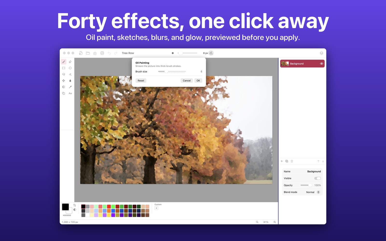 The Oil Painting effect applied to a row of autumn trees. Forty effects, one click away.