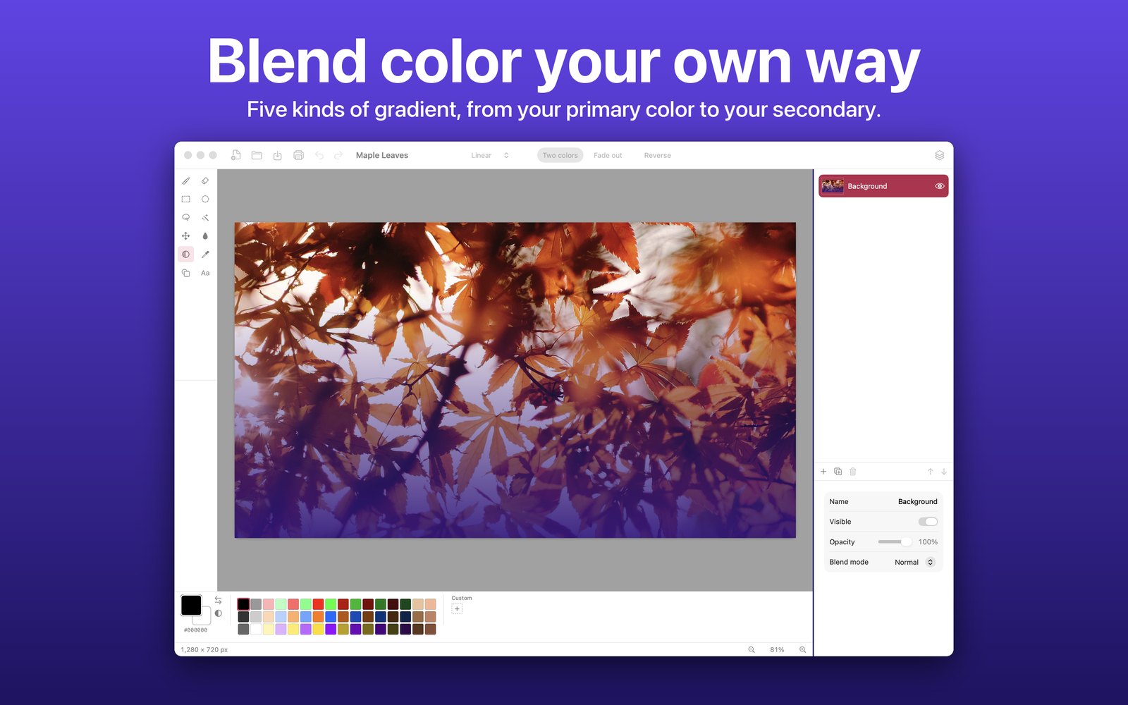 A violet gradient fading over orange maple leaves. Blend color your own way.