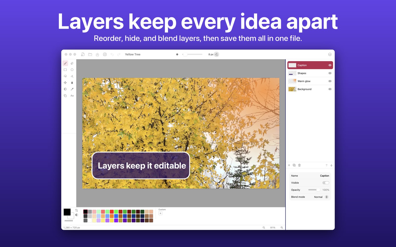 A yellow tree with four layers listed in the Layers panel. Layers keep every idea apart.